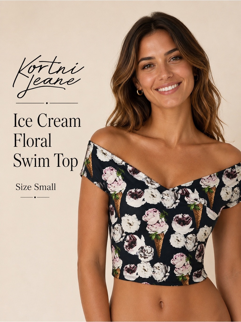 Kortni‎ Jeane Ice Cream Floral Cutout Crop Swim Top Size Small